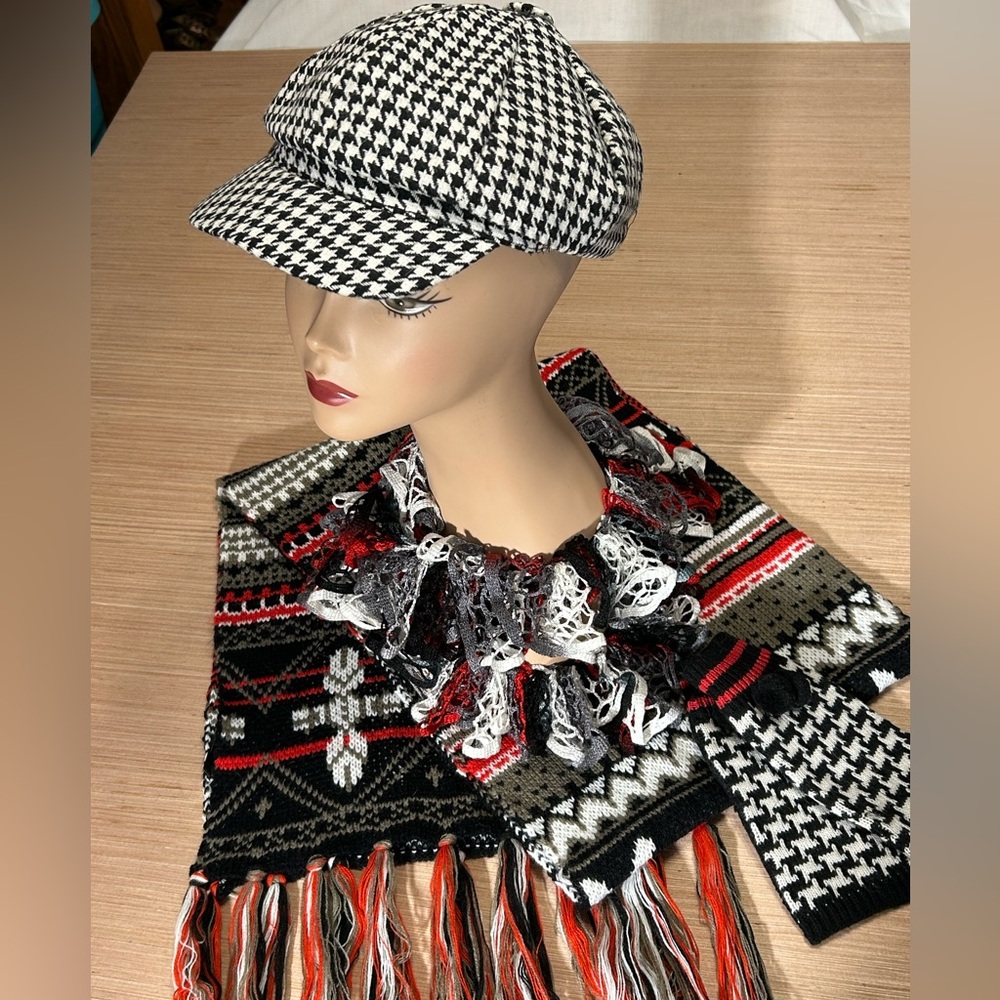 Ladies Red, Black and White Hat, Scarf and Mitten set.